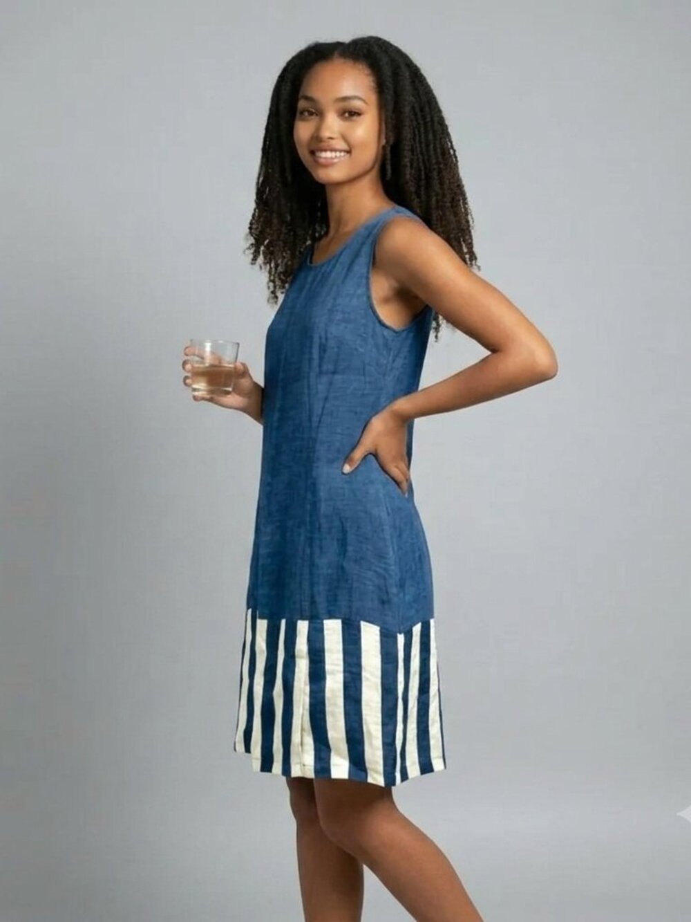 VLT'S by Valentina's Linen Shift Dress M Blue White Stripe Italian Coastal Midi